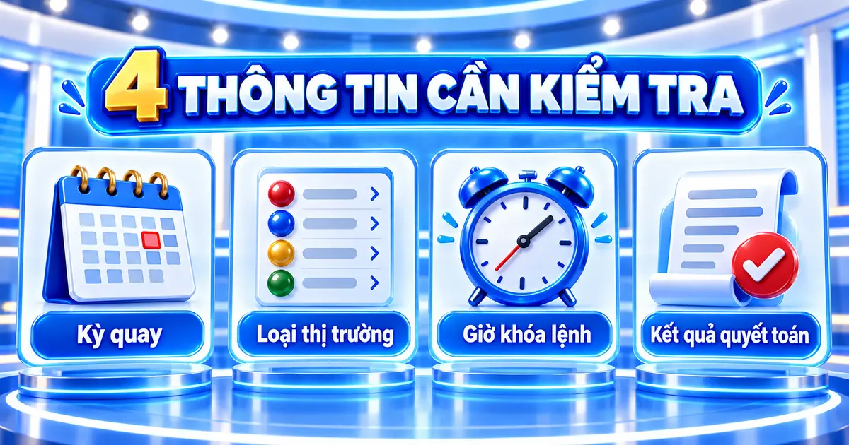 Bốn thông tin Xổ Số LLWIN gồm kỳ quay, thị trường, giờ khóa lệnh và kết quả quyết toán