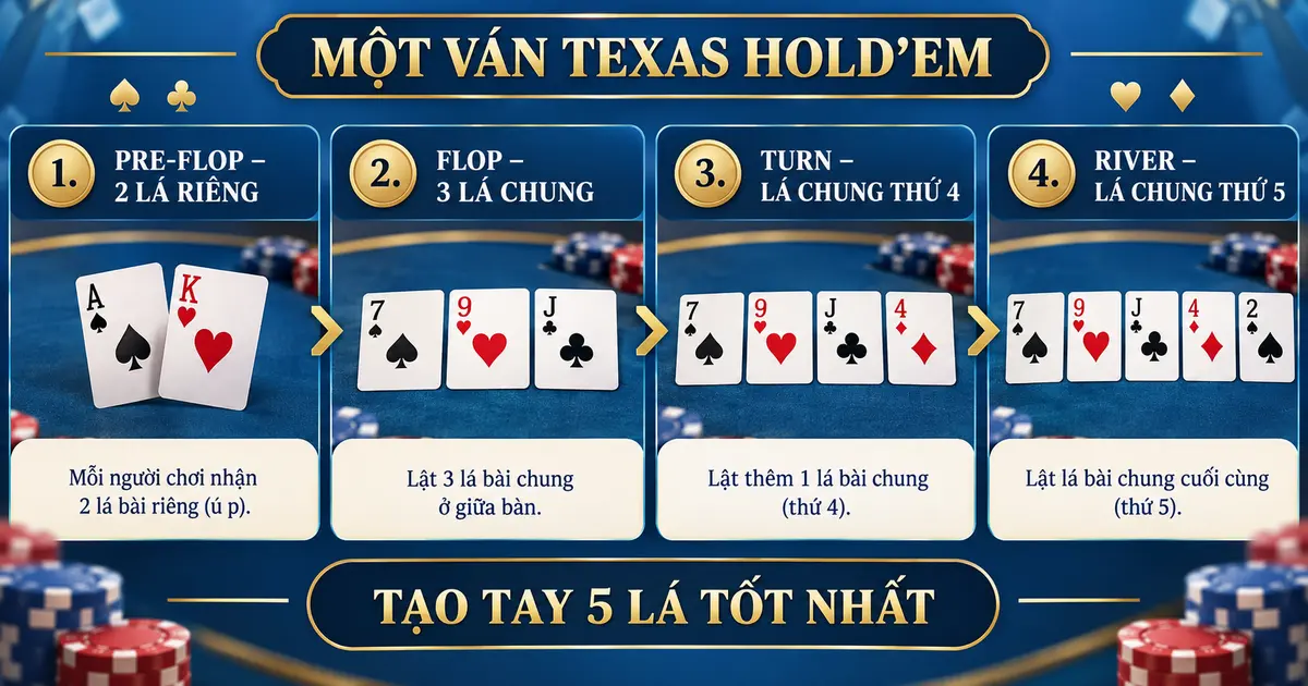 Bốn giai đoạn Pre-flop Flop Turn và River trong Texas Holdem